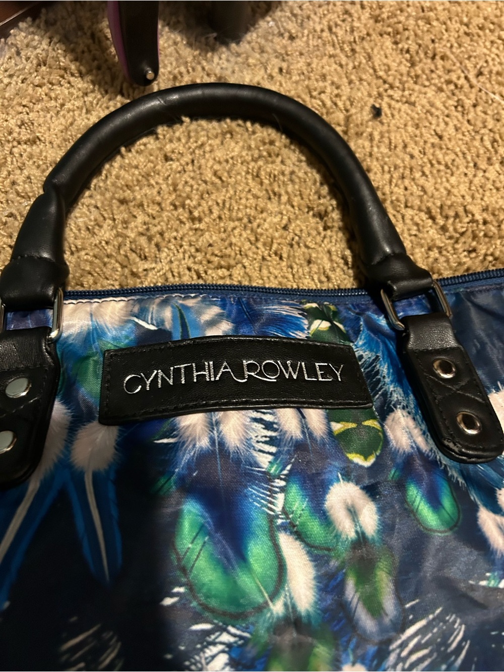 Cynthia Rowley blue peacock feather print weekender travel duffle bag